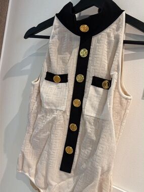 Balmain Cream Sleeveless Knit Top with Black Trim and Gold Buttons